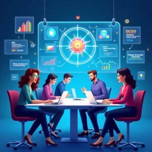 Digital marketing agency team analyzing AI-driven data and crafting strategies on futuristic dashboard in 2025
