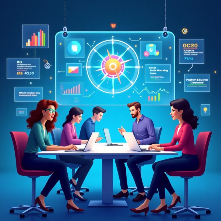 Digital marketing agency team analyzing AI-driven data and crafting strategies on futuristic dashboard in 2025