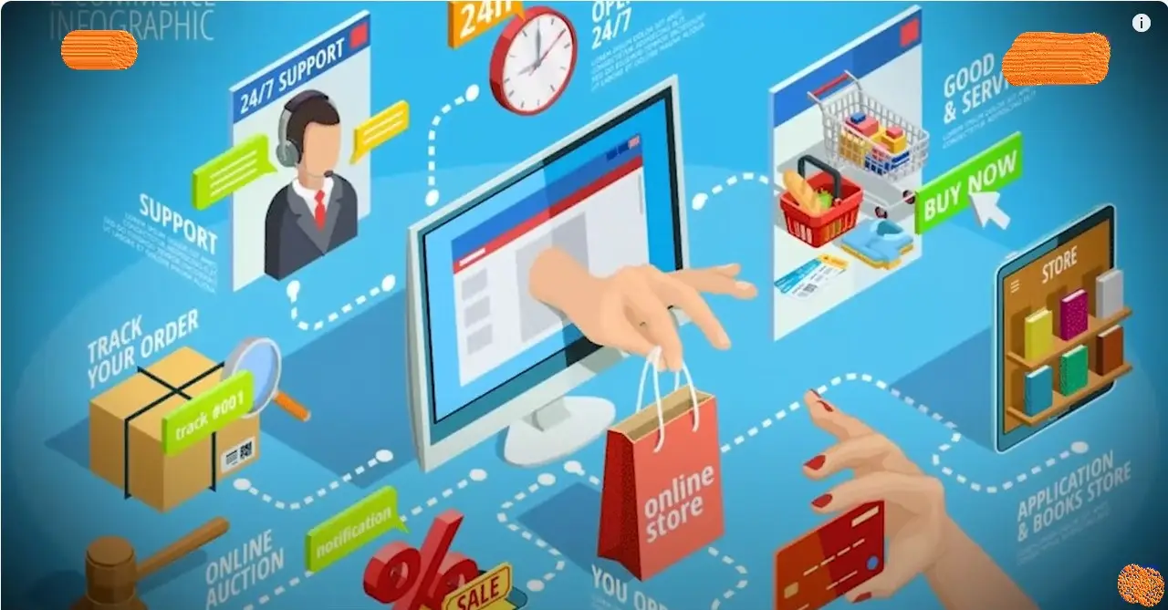 "A modern e-commerce workspace featuring a laptop displaying an online store dashboard, a smartphone with a shopping app, and a notebook with ideas like 'dropshipping,' 'AI tools,' and 'subscription boxes.' Surrounding elements include a coffee cup, plants, and a desk organizer, symbolizing productivity and innovation in online business."